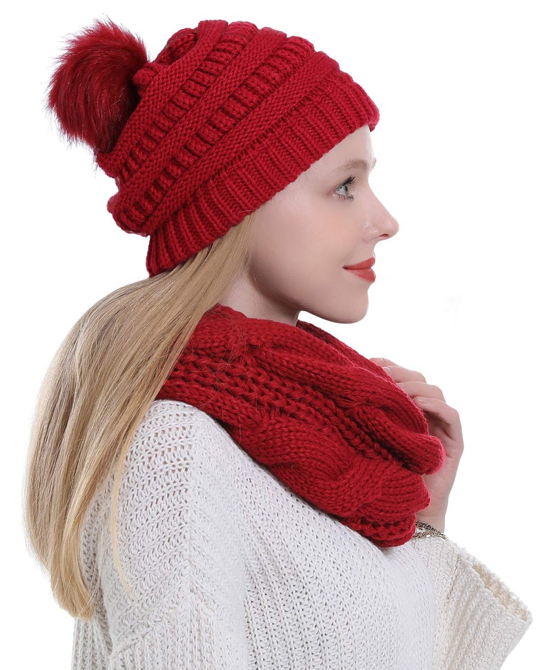 Double Couple Womens Scarf Beanie Hat with Faux Fur Ball Set Thick Winter Cable Knitted Circle Loop Infinity Scarfs for Women (Burgundy Pom Pom Set) - Image 2